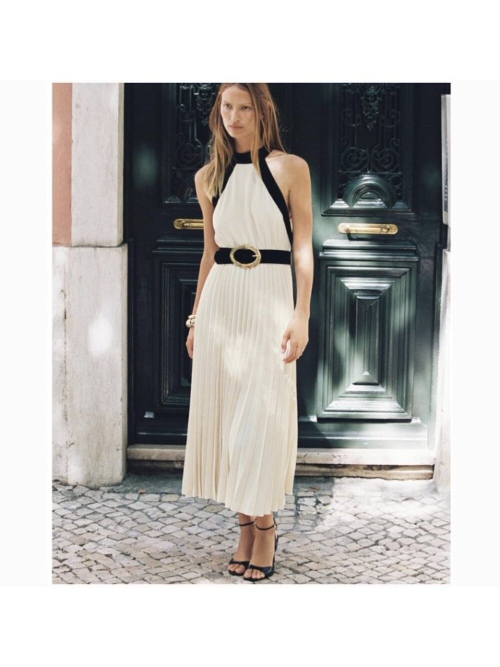 Zara Halter Pleated Midi Dress Ecru Black Contrast Gold Buckle Belt Size XS New